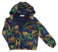 Tmavomodrá šusťáková jarní bunda s dinosaury a odepínací kapucí H&M