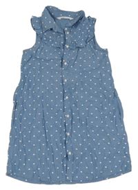 Modré plátěné propínací šaty se srdíčky a volánkem a límečkem H&M