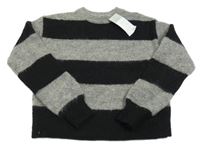 Nové - černo-šedý pruhovaný vlněný chlupatý crop svetr PRIMARK