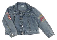 Modrá šisovaná riflová crop bunda se Spider-manem a límečkem 