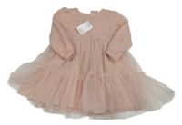 Nové - světlerůžové puntíkaté tylové šaty s 3D květy so cute