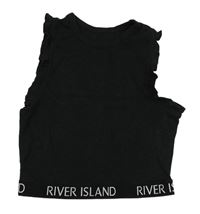 Černý žebrovaný crop top s volánky a logy River Island