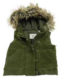 Khaki manšestrová zateplená vesta s kapucí s kožešinou GAP