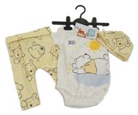 3 set - Bílé body s medvídkem Pú + žluté tepláky + žlutá čepice Disney