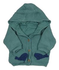 Zelenomodrý pletený podšitý propínací svetr s velrybami a kapucí M&S