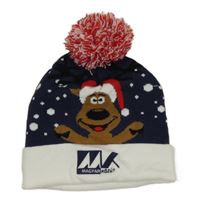 Tmavomodro-bílá pletená čepice se sobem a bambulí 