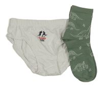 2 set - bílé slipy + zelené ponožky s dinosaury 