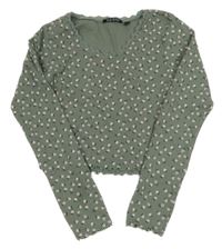 Khaki květované žebrované crop triko blue seven