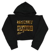 Černá crop mikina se zlatým nápisem z flitrů a kapucí 