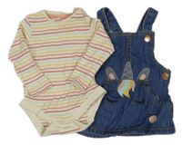 2 set - barevné pruhované body + modré laclové riflové šaty s jednorožcem F&F