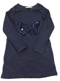 Tmavomodré teplákové šaty s motýlkem z flitrů H&M