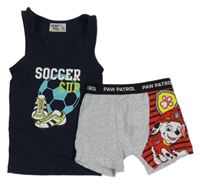 2set - Tmavomodrý nátělník s míčem a nápisem + Světlešedé boxerky s Tlapkovou Patrolou 