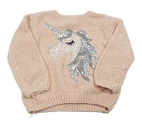 Růžový žinylkový svetr s jednorožcem z flitrů Primark