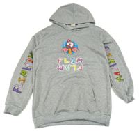 Světlešedá melírovaná mikina s plameňákem a nápisy a kapucí