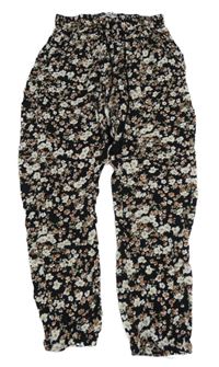 Černo-smetanovo-starorůžové květované lehké cuff kalhoty 