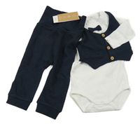 Nové - 2set - Bílo-tmavomodré body s našitou vestou + žebrované tepláky Name it