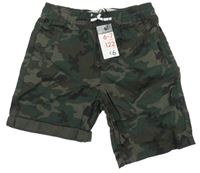 Nové - Tmavozeleno-černo-hnědé army plátěné kraťasy Primark