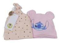 Nové - 2set - Světlerůžová puntíkatá čepice + růžová čepice se Stitchem 
