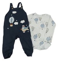 2set - Bílé body s balony + tmavomodré laclové pletené tepláky s obrázky Tu