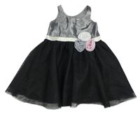 Šedo-černé saténovo/tylové trřpytivé šaty s 3D květy H&M