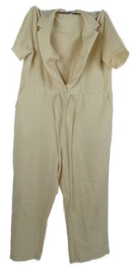 Dámský pudrovo-bílý proužkovaný krepový kalhotový capri overal 