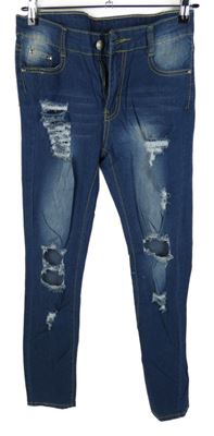 Nové - Dámské tmavomodré skinny lehké rifle s dírami 