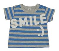 Modro-šedé pruhvoané tričko s nápisem 