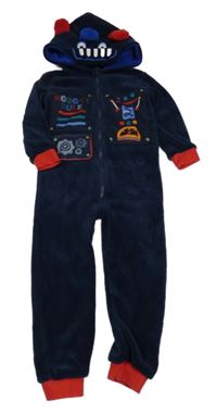 Tmavomodrá chlupatá kombinéza s náškami a kapucí- robot 