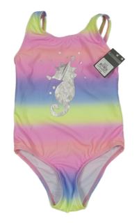 Nové - Duhové pruhované jednodílné plavky s mořským koníkem Primark