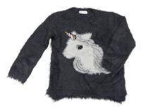 Tmavošedý chlupatý svetr s jednorožcem H&M