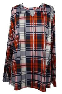 Dámské tmavomodro-červeno-růžové kostkované triko s průstřihem