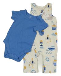 Nové - 2set - Bílé laclové tepláky s loďkami + modré body M&S