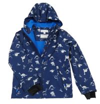 Tmavomodrá sofhshellová bunda s dinosaury a kapucí bpc