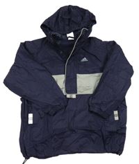 Tmavomodro-šedá šusťáková podzimní bunda s logem a kapucí Adidas