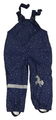 Tmavomodré šusťákové podšité laclové kalhoty se srdíčky a jednorožcem Topolino