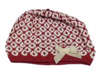 Vínovo-bílá vzorovaná pletená čepice s mašlí 