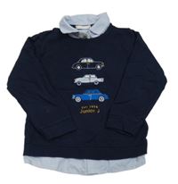 Tmavomodrá mikina s auty a všitou košilí Jasper Conran