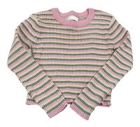 Růžovo-pudrovo-zelený pruhovaný žinylkový crop svetr Primark