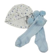 Nové - 2set - Bílá čepice s kytičkami + světlemodré ponožky s bambulemi  Next 