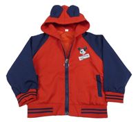 Červeno-tmavomodrá šusťáková jarní bunda s Mickeym a kapucí 