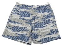 Modro-šedé vzorované bavlněné kraťasy s nápisy 