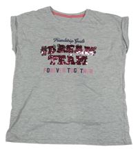 Šedé melírované tričko s nápisem a flitry 