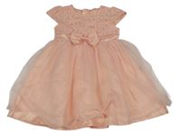 Broskvové tylovo/krajkové šaty s mašlí Shein