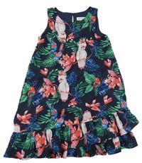 Tmavomodré lehké šaty s papoušky a listy H&M