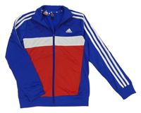 Modro-červeno-bílá sportovní funkční propínací mikina s pruhy Adidas 