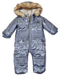 Modrošedá lesklá šusťáková zimní kombinéza s kapucí River Island