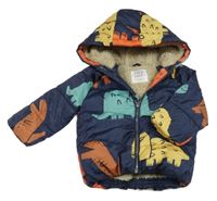 Tmavomodrá šusťáková zimní bunda s dinosaury a kapucí F&F