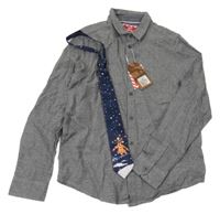 Nové - 2set - Tmavomodrá melírovaná košile + tmavomodrá kravata se sobem Primark