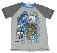 Šedo-tmavošedo-modré melírované tričko s potiskem - REGULAR SHOW Rebel