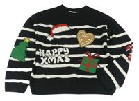 Černo-bílý pruhovaný pletený vánoční svetr s obrázky H&M